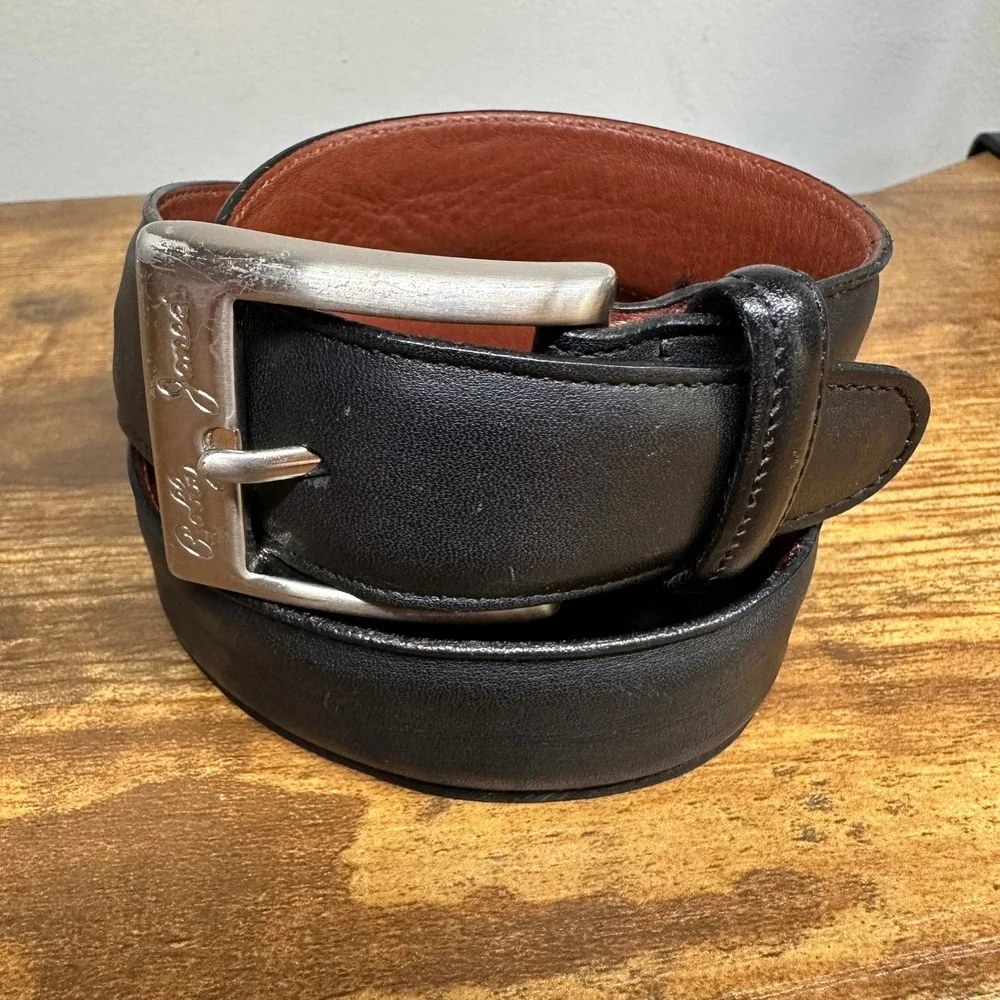 Bobby Jones Mens Black Leather Belt Silver Tone Solid Brass Buckle Size 36‎ 90